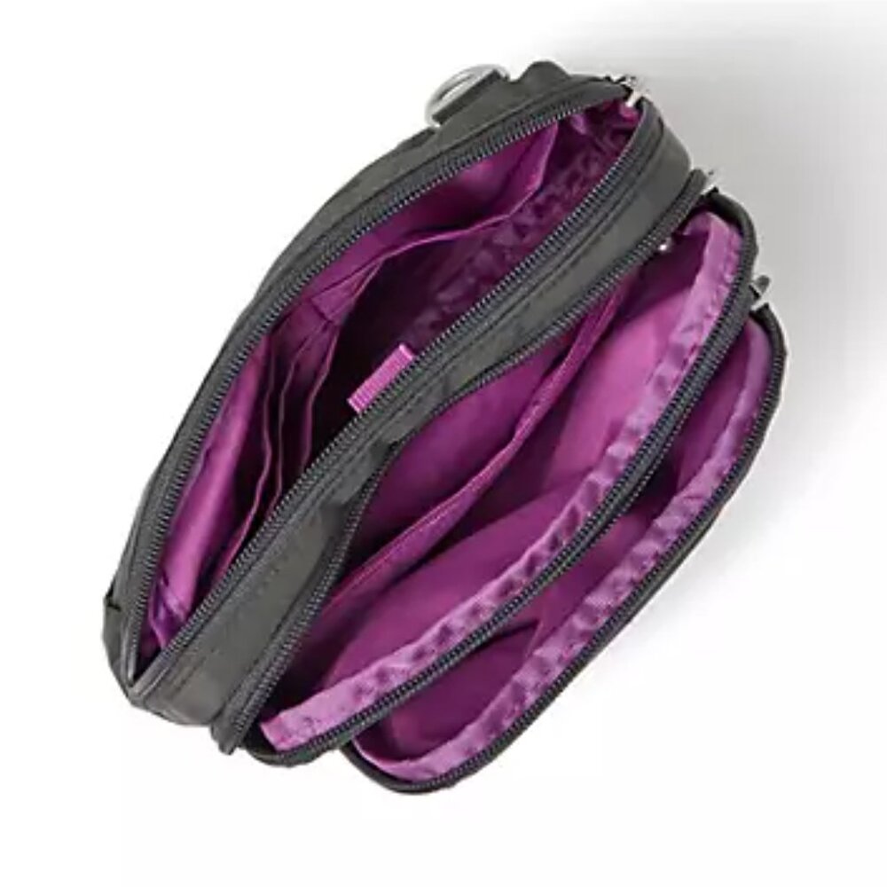 New Baggallini Triple Zip Bagg Charcoal Purple Lined Crossbody Strap Waist Pack - Picture 4 of 7